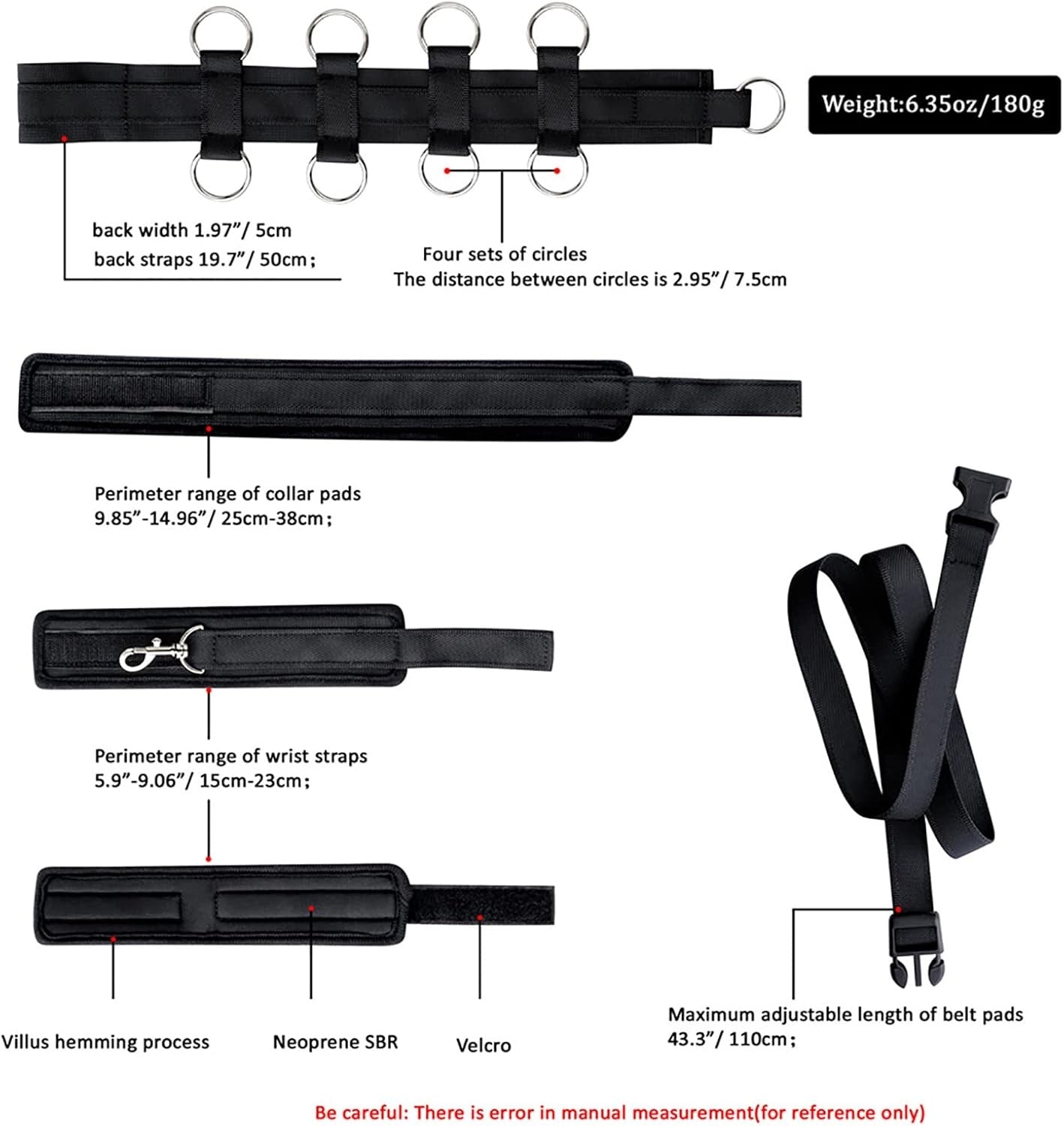 Adjustable SM bondage set with collar and handcuffs for couples