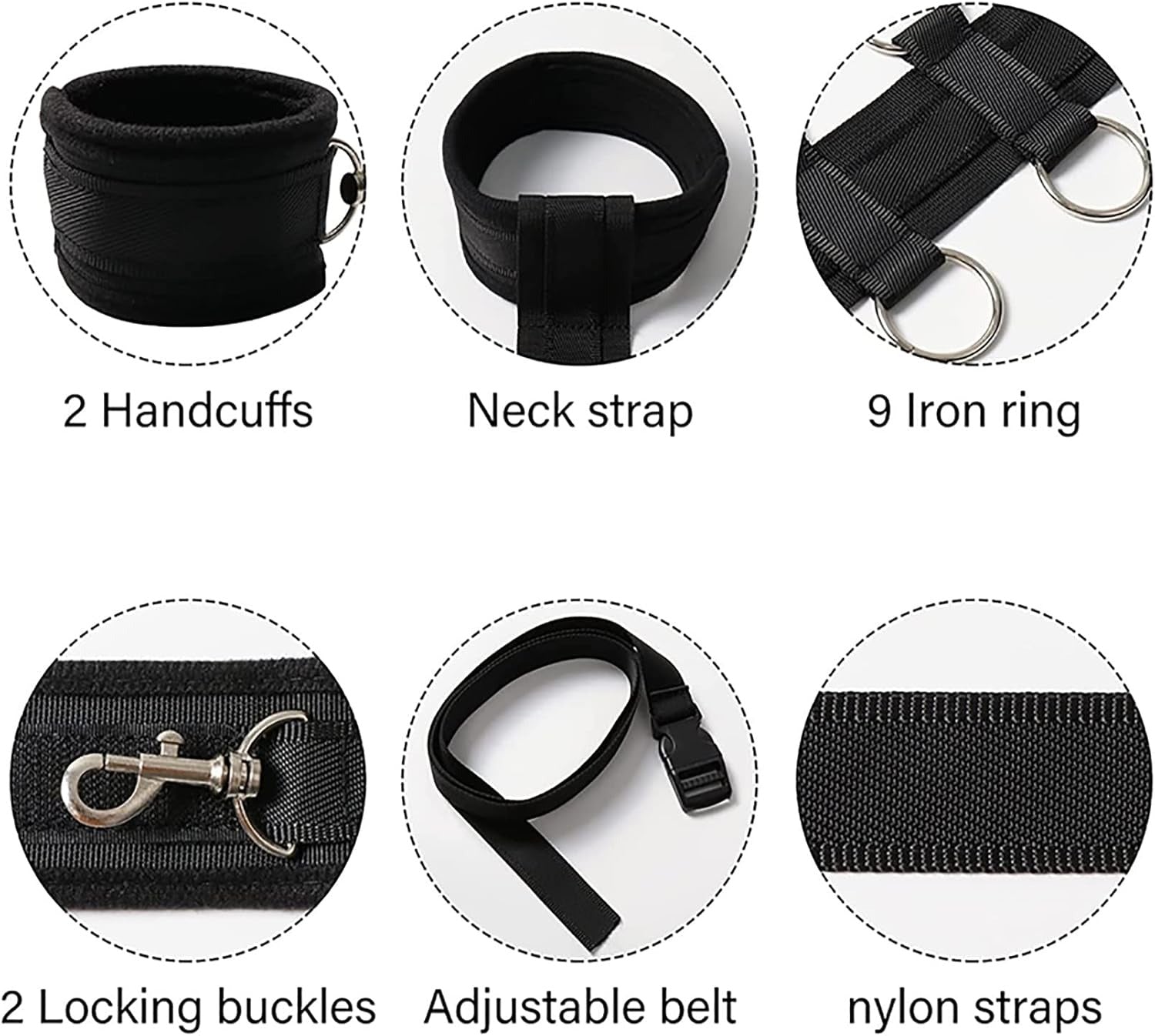 Adjustable SM bondage set with collar and handcuffs for couples
